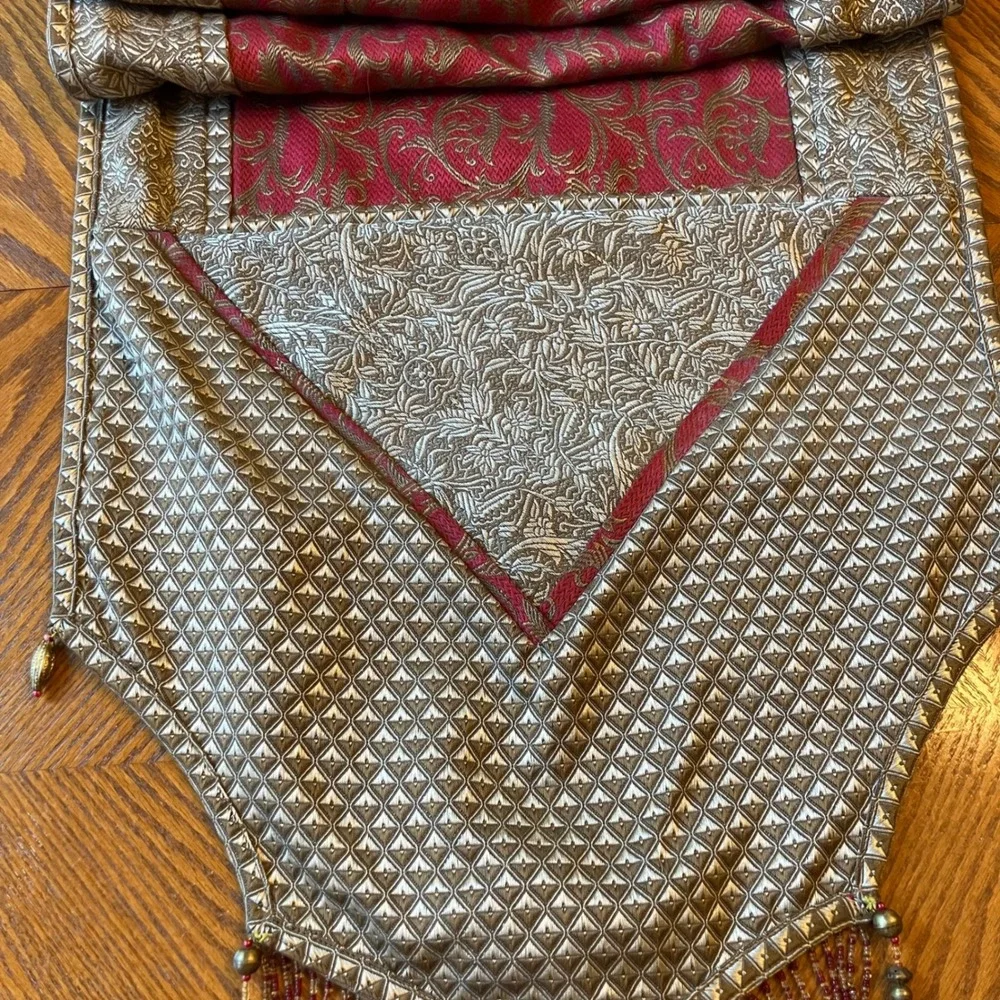 Classic Table Runner Red Gold Beaded Tassel Floral Brocade Castle Royalcore Luxe